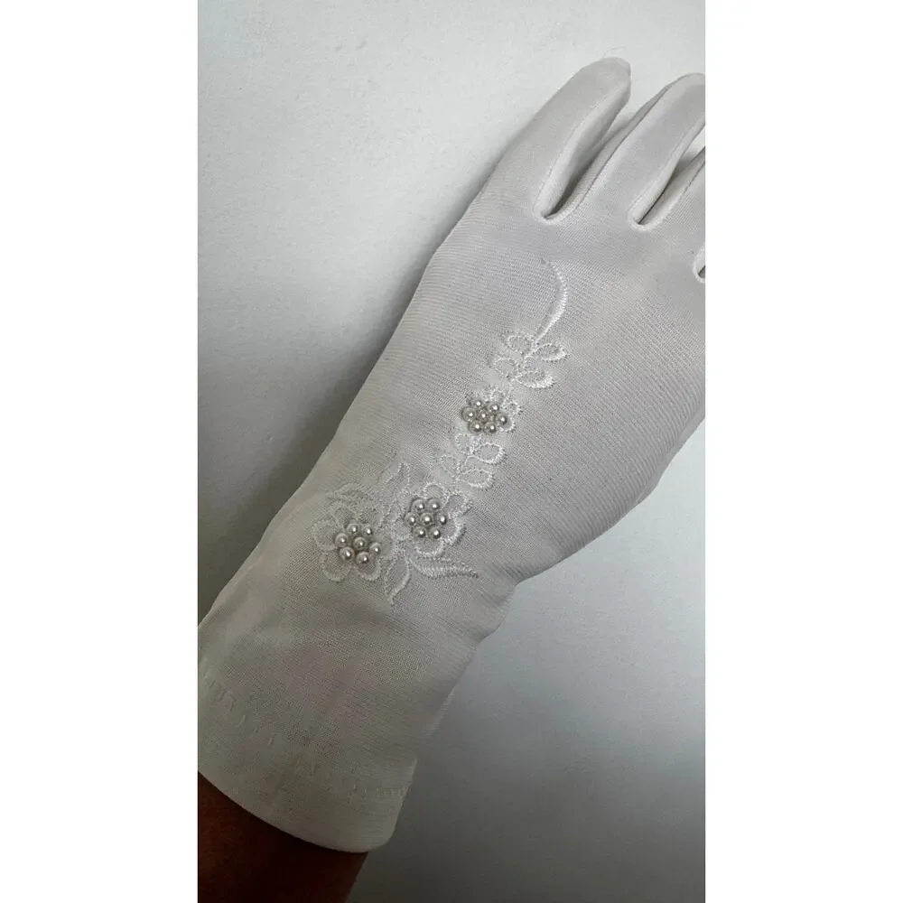 Vintage 1980s White/Ivory Unbranded Satin Beaded Floral Gloves XS S